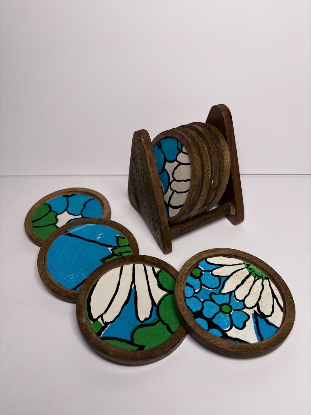 Vintage MCM Mid Century Wood Floral Print Coaster Set w/ Caddy 1960’s Atomic
